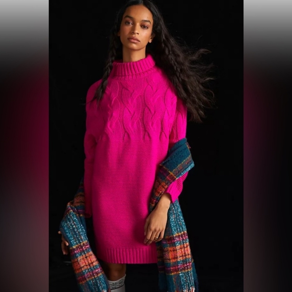 New CALLAHAN Anthropologie Pink Fushia Cable Knit Turtleneck Sweater Dress XS